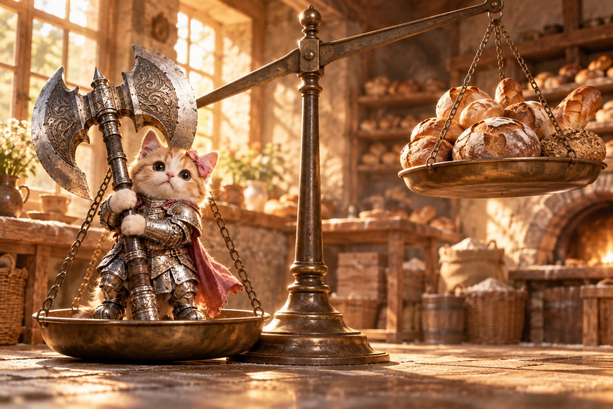 Cattleaxe earnestly grips an upright double-headed battleaxe that visibly outweighs the entire tiny knight.
