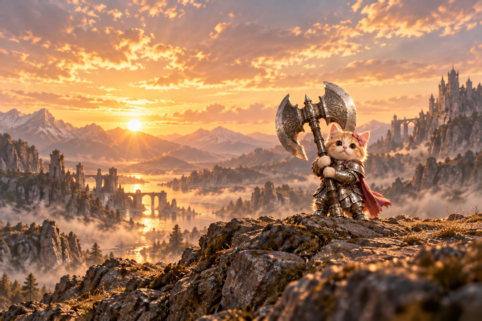 Fantasy illustration of Cattleaxe, a fluffy cream-ginger kitten with big dark eyes, a pink bow and silver knight armour, holding an enormous double-headed silver battleaxe upright in a golden glow before a blurred grey landscape.
